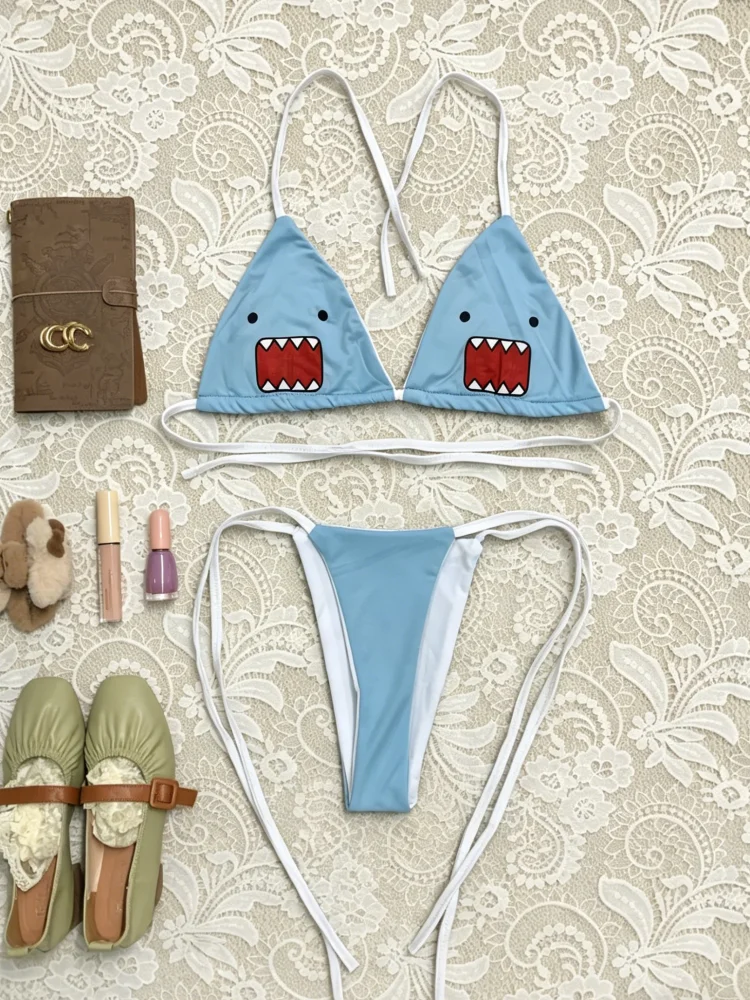 Cute Shark Print Bikini Set Women's Light Blue Halter Tie Side Swimsuit
