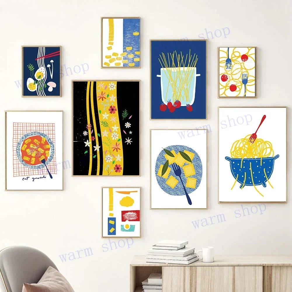 Colorful Food Tomato Pasta Cartoon Illustration Canvas Painting Nordic Posters And Prints Wall Art Pictures For Kitchen Decor