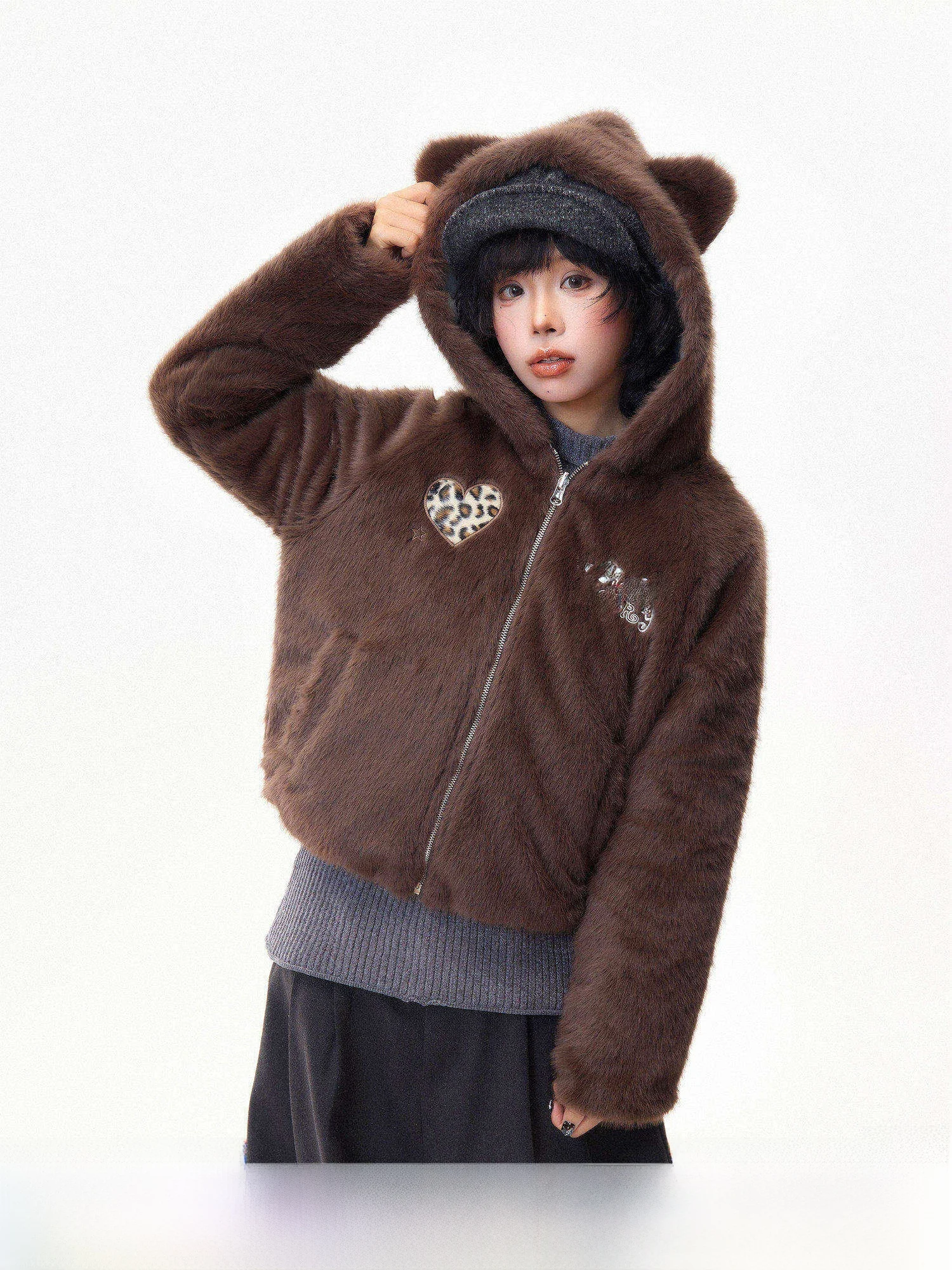 

Зимнее женское пальто MKGO с капюшоном и пушистыми ушками, теплое, свободного кроя, в горошек, двустороннее, из хлопка, в стиле ретро, на молнии