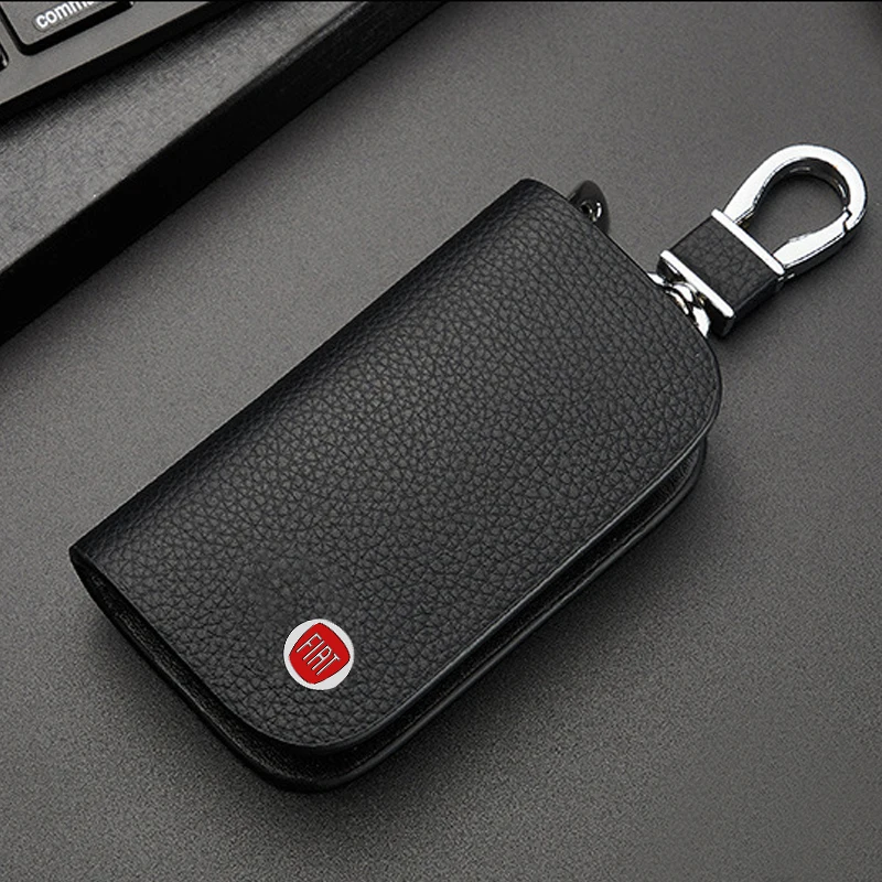 Genuine Leather Key Case Zipper Key Cover Car Accessories Tools Suitable for Fiat 500 Ducato Panda 500L Punto Musa Panda 500e