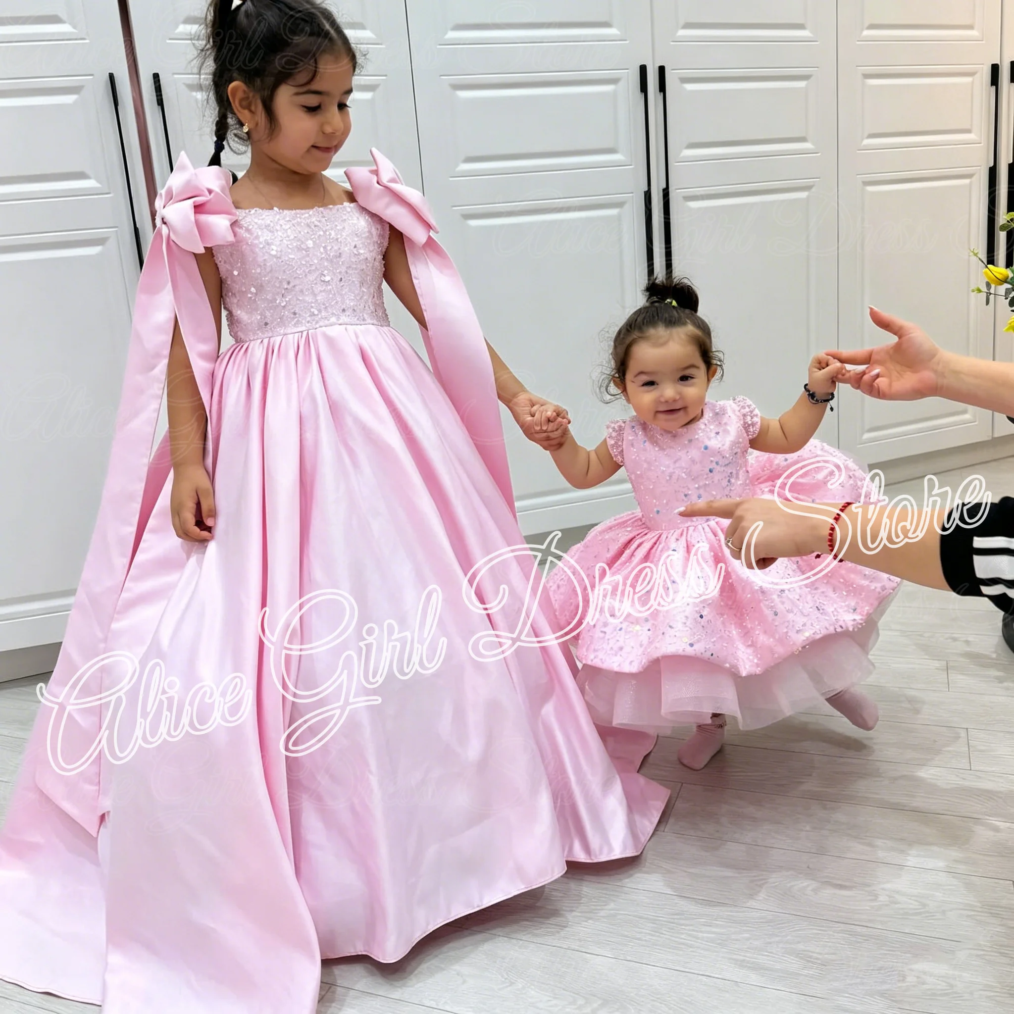 Maßgeschneidertes rosa Blumenmädchenkleid für die Hochzeit mit Schleife und Pailletten, bodenlang, für Mädchen, für besondere Anlässe, Geburtstag, Fotoshooting, Weihnachtskleider