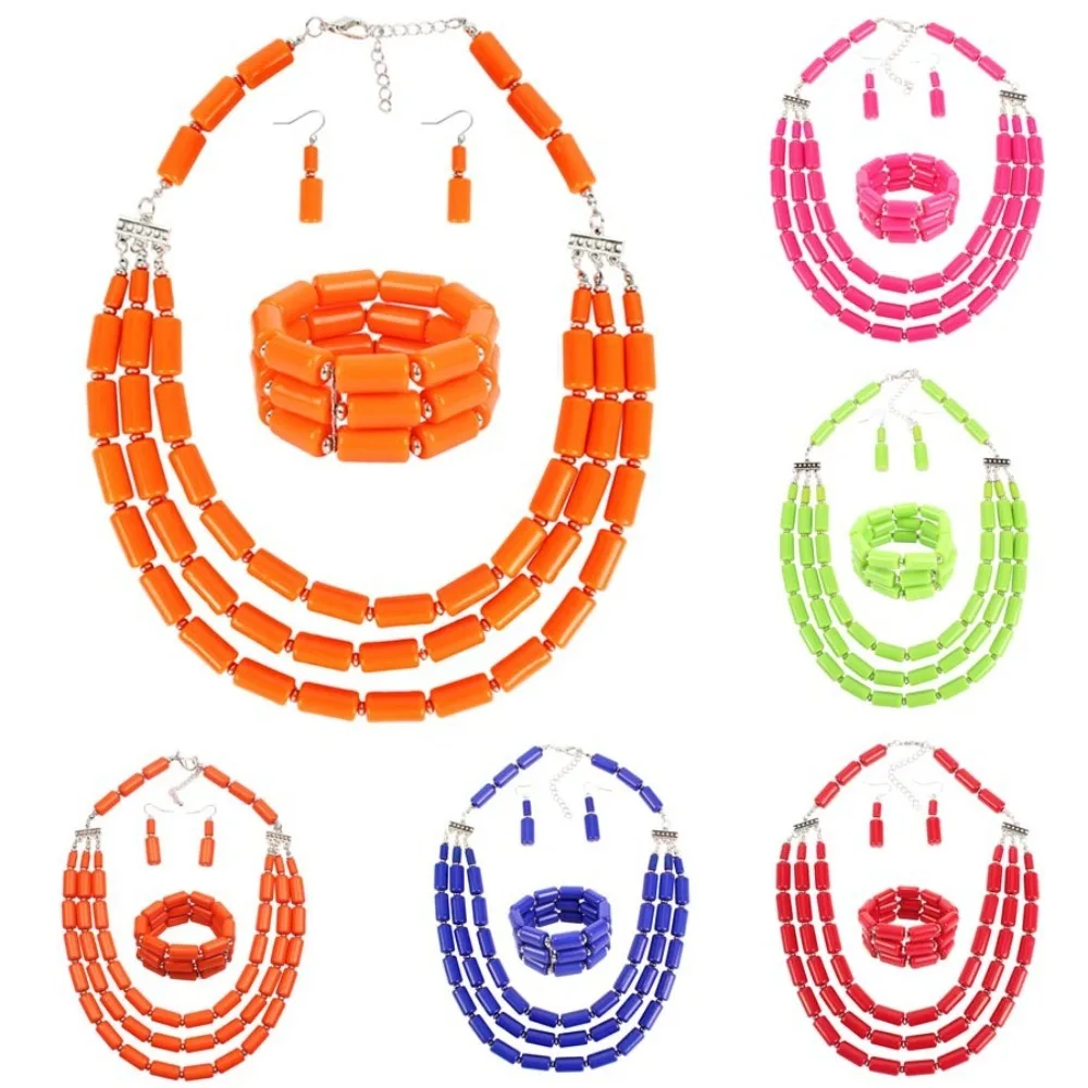 

Handmade Earrings Bracelet Necklace Sets Indian Jewelry Fashion African Beads Necklace Chunky Colorful Nigerian Wedding Bracelet