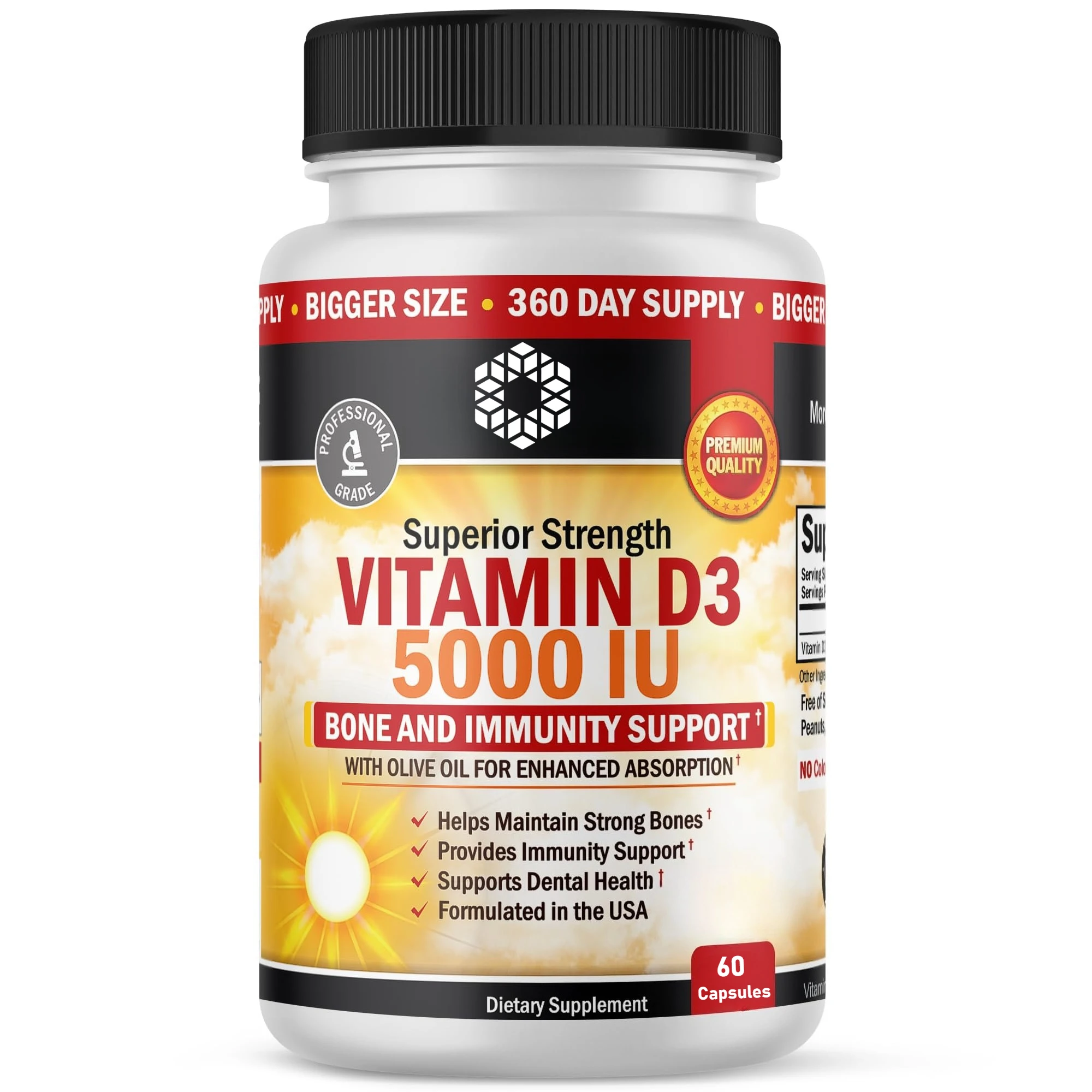 

High Potency Vitamin D3 50000 IU - Helps Muscle Nerve Health Support Bone Density Teeth and Skin Heart Health, Support Immune