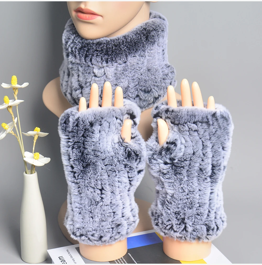 One Set Women Real Rex Rabbit Fur Cuff+Headband Winter Warmer Hat Arm Wrist Sleeve Gloves Female Real Fur Cap+Elastic Wristband