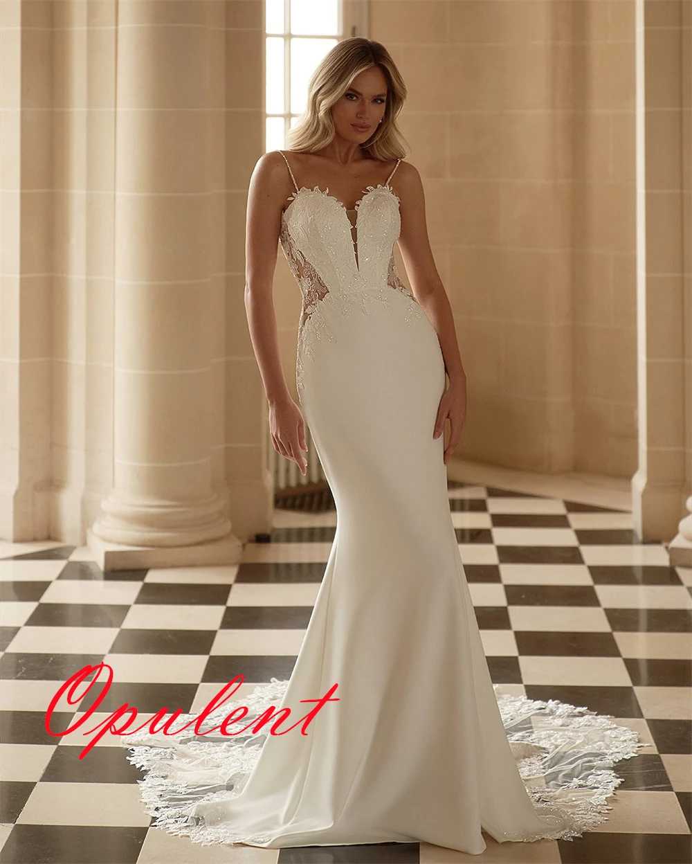 Customized White Jersey Wedding Dress Elegant Strapless Spaghetti Straps Bridal Gowns Chapel Train Backless Mermaid Dress