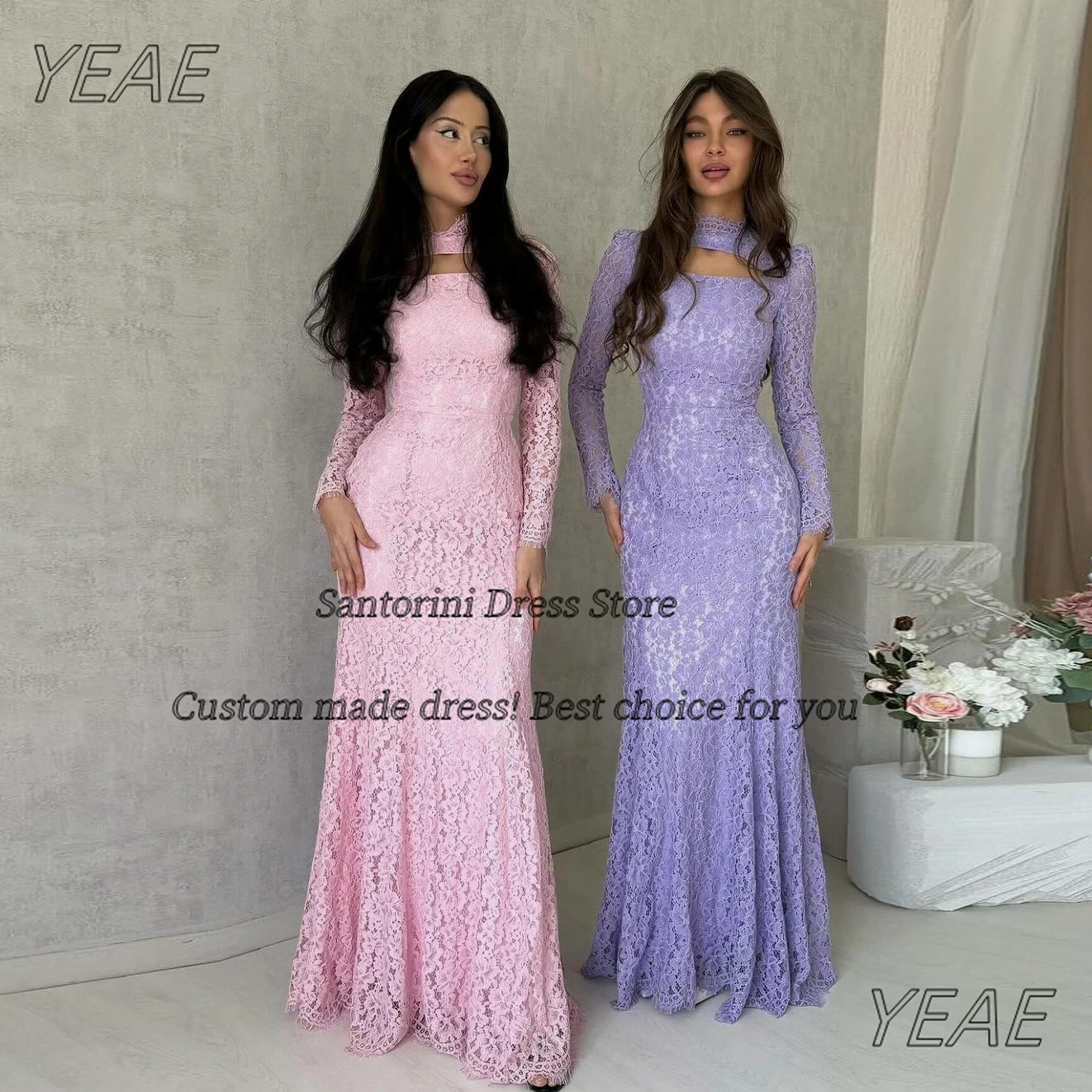 

Santorini Customized Lace Dresses for Prom Keyhole High Collar Evening Gowns Long Sleeves Wedding Guests Special Occasion Dress