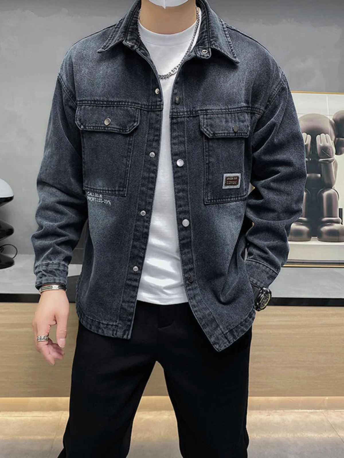 Retro Washed Denim Shirt Jacket Men's Spring Autumn Casual Style Vintage Looking Outerwear Long Sleeve Youth Fashion