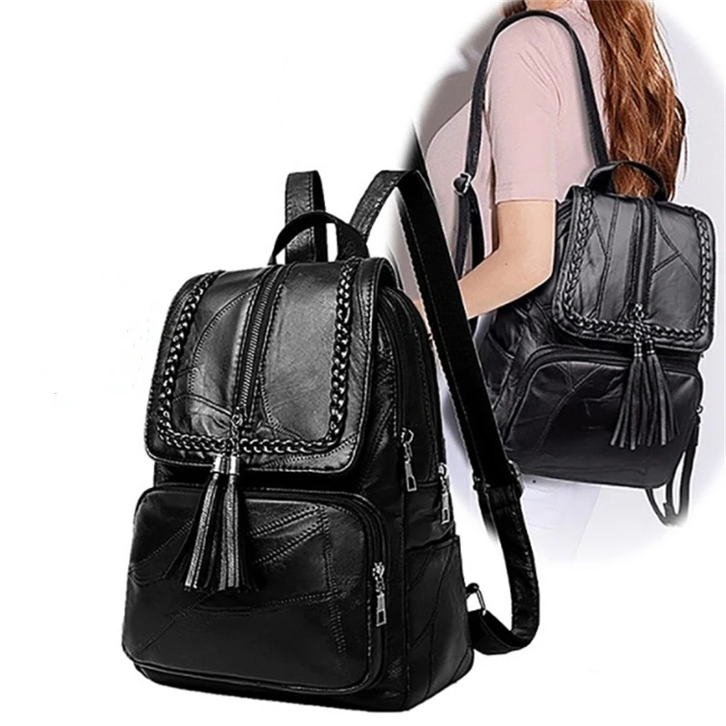 Mochila escolar de cuero PU para mujer, bolso de hombro de viaje impermeable, negro clásico, multifunción