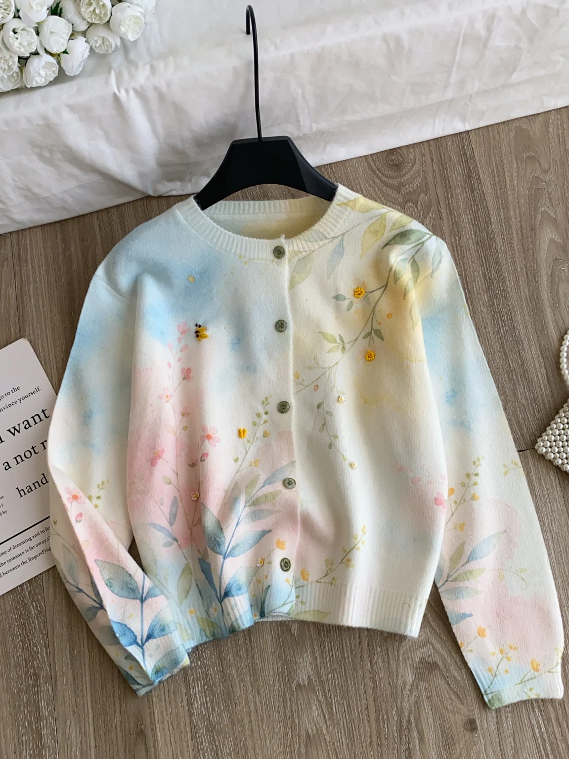 Sweet Style Gradient Floral Print Knitted Open Cardigan Women's round Neck Pullover Slimming Versatile Top Autumn Outerwear