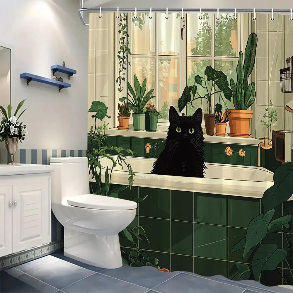 Cartoon Style Green Tile Bathtub Black Cat Various Potted Houseplant Window View Print Shower Curtain Waterproof Mildew Resistan
