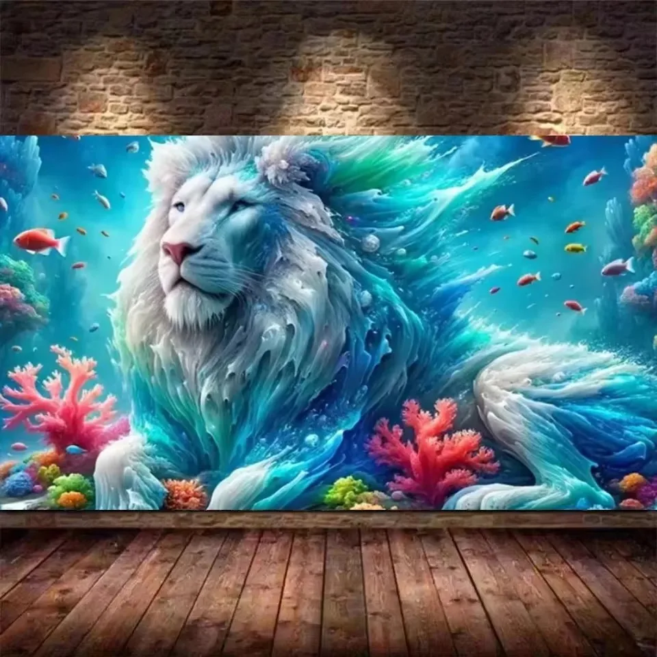 Large Undersea Coral Blue Lion Diamond Painting Full Square/Round Diamond Mosaic Jewelry Cross Stitch Kit Christmas Decorations