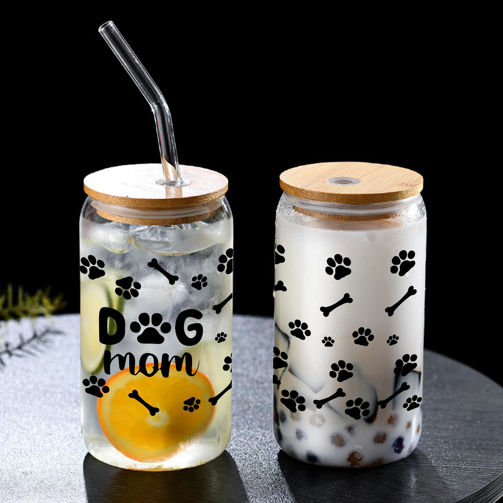 Dog Mom Pattern 16oz High Borosilicate Drinking Glass Cup With Lid&Straw Juice Coffee Cup Summer Winter Gifts For Dog Pet Owners