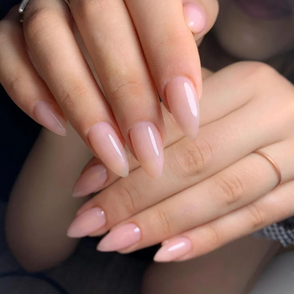 

24Pcs Press On Short Stiletto Fake Nail With Jelly Glue Shiny Natural Pink Artificial False Nails DIY Finger Tips Manicure Tool