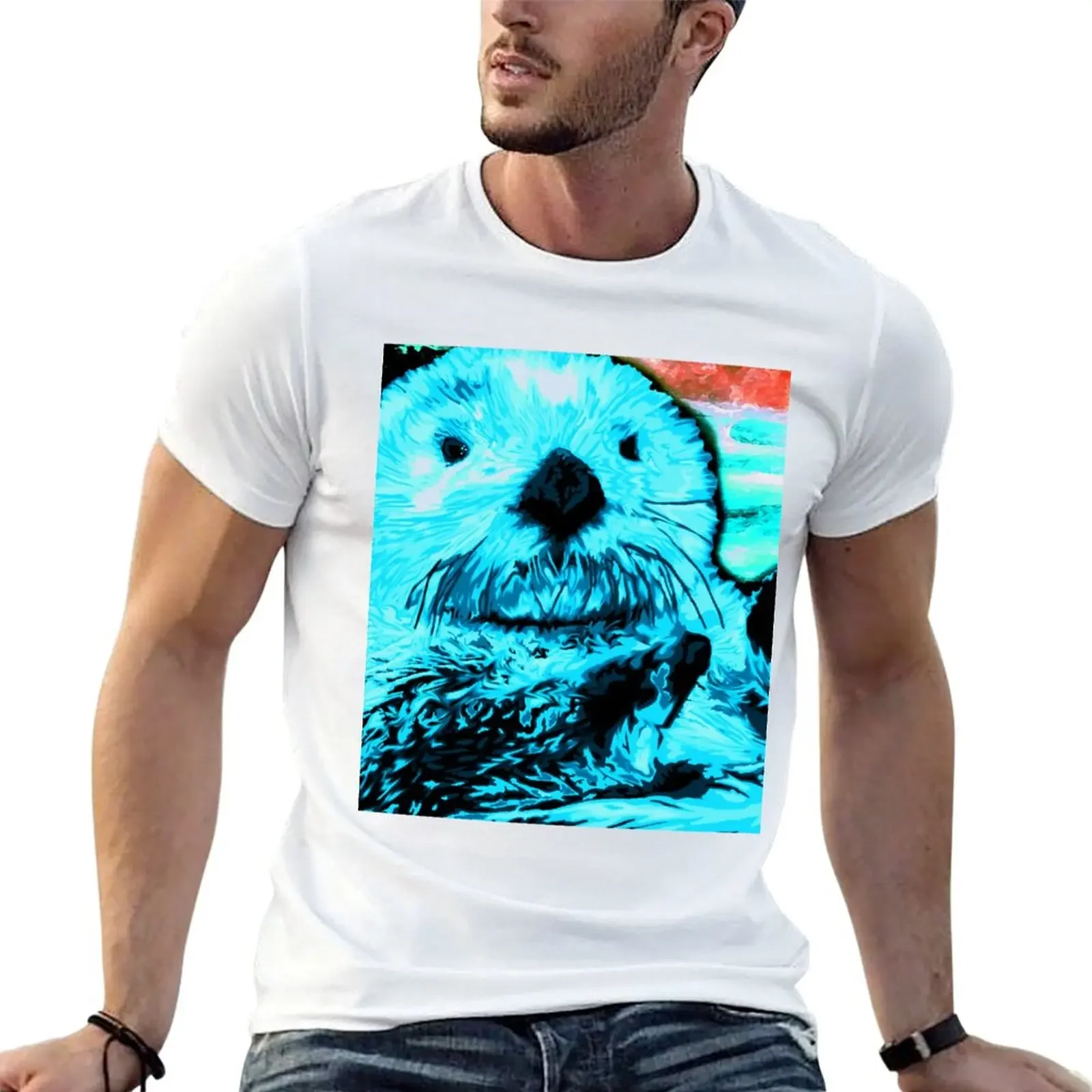 

Bright Aqua Blue painted Sea Otter art T-Shirt anime t shirts basketball graphic tees custom t shirt luxury clothes men