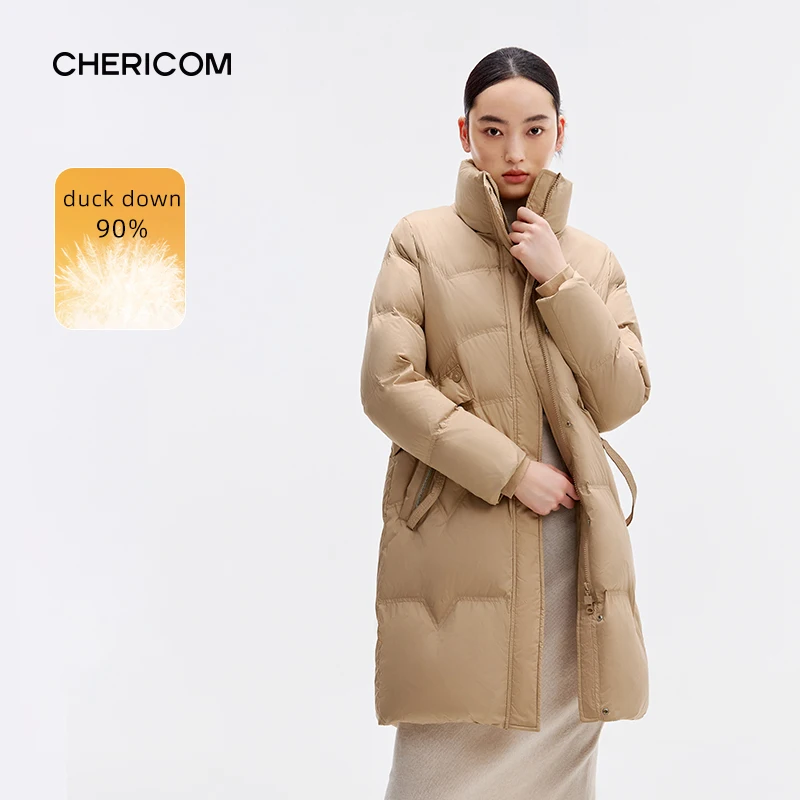 

Chericom Women's Winter Down Jacket Mid Long Stand Up Neck Duck Down Puffer Jacket Thick Warm Casual Women Padding Coats 299183