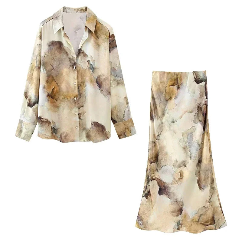 

Women Fashion 2 Piece Sets Printed Single Breasted Blouse & Vintage Elastic Waist Skirt Female Chic Lady Skirts Set