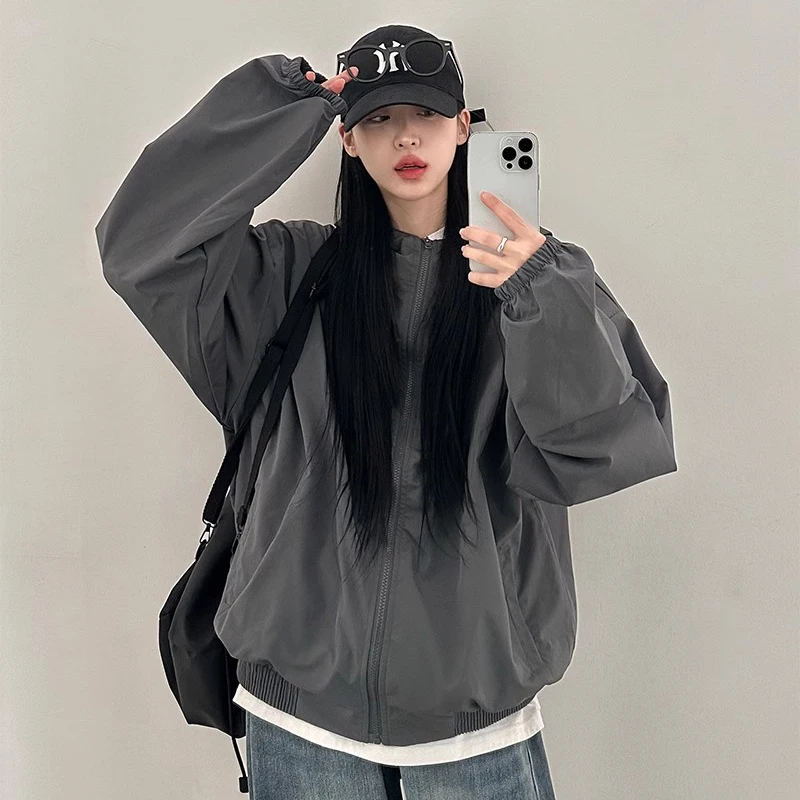 เสื้อคลุมคาร์ดิแกนแบบเปิดซิปมีฮู้ดสไตล์ชิคสำหรับฤดูใบไม้ร่วง แขนยาวทรงหลวม สวมใส่สบายๆ เสื้อแจ็คเก็ตผู้หญิง ผ้าโพลีเอสเตอร์