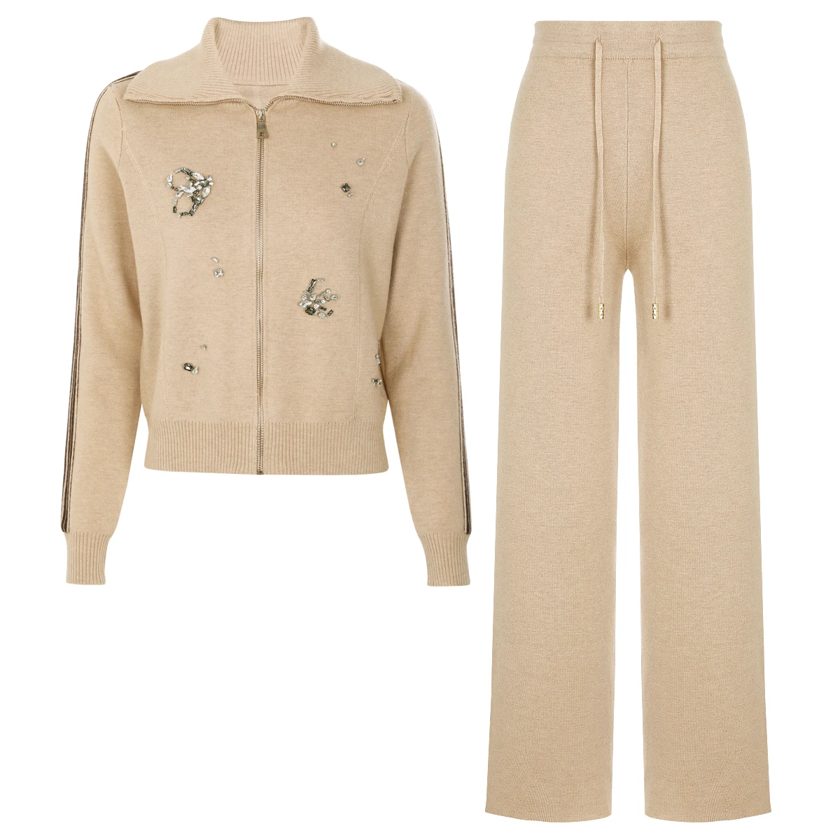 

Высококачественный осенний женский вязаный кардиган и брюки: эластичный комплект из двух предметов с длинными рукавами, отложным воротником и роскошными бусинами