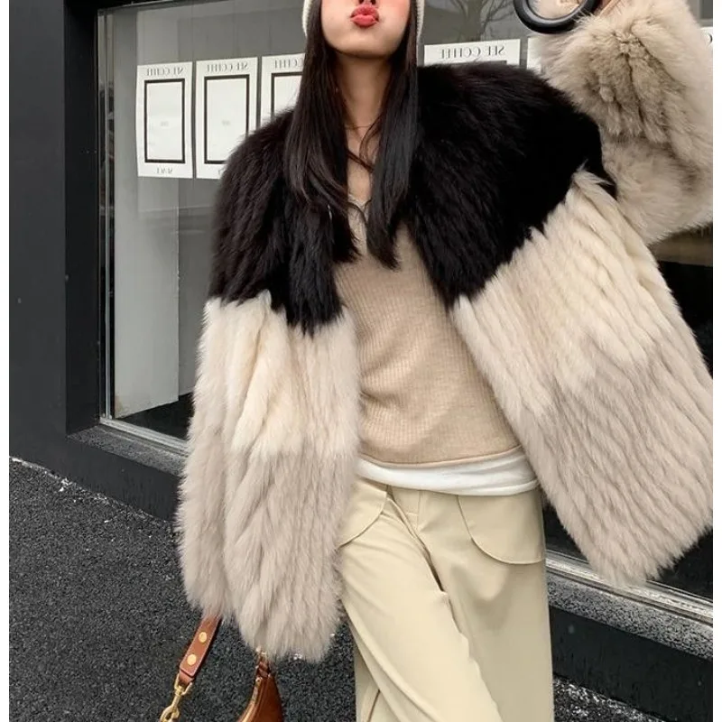 2025 Autumn and Winter New Fox Fur Coat Women's Color Matching Words Environmentally Friendly Wool Coat Thickened Temperament