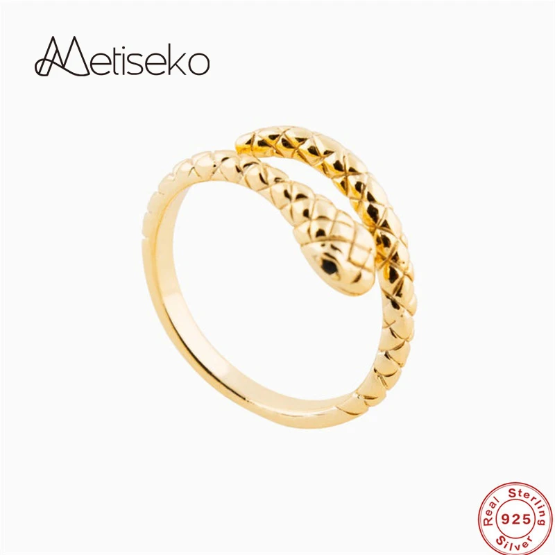 Metiseko 925 Sterling Silver Snake Shape Ring Resizable Open Ring Fashion Personalized Jewelry for Women Girls Party Gift