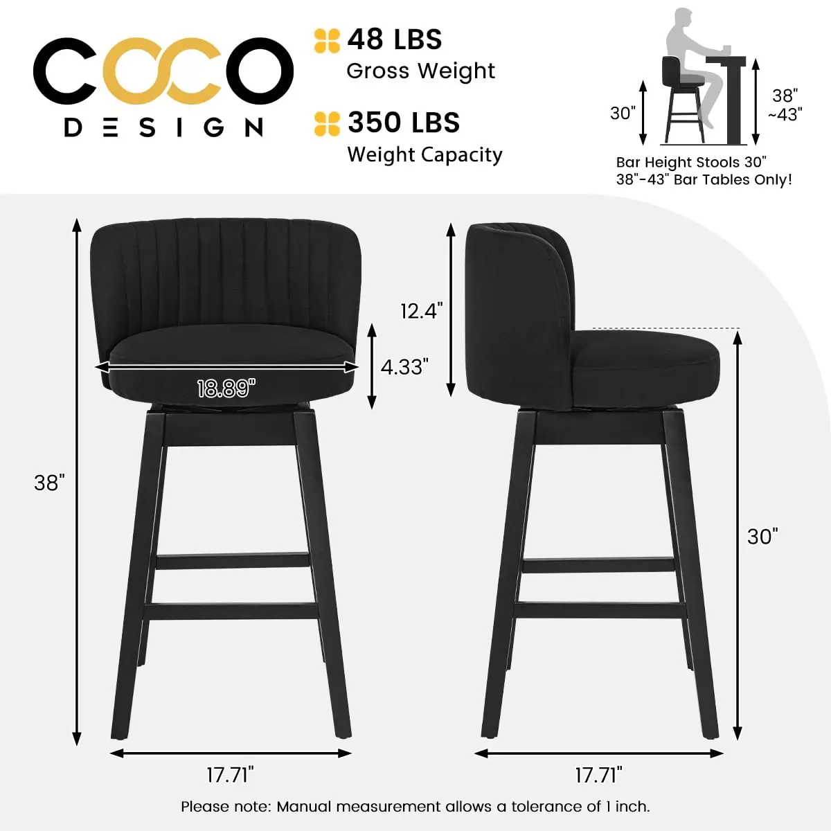 Black Swivel Bar Stools Set of 4 with Wood Legs 30" Counter Height Kitchen Dining, Customized