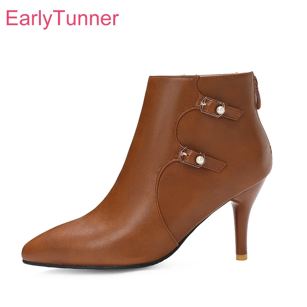 

Зимние брендовые новые пикантные коричневые черные женские свадебные ботильоны на высоком каблуке, женская обувь плюс большой маленький размер 10, 30, 43 45, 48