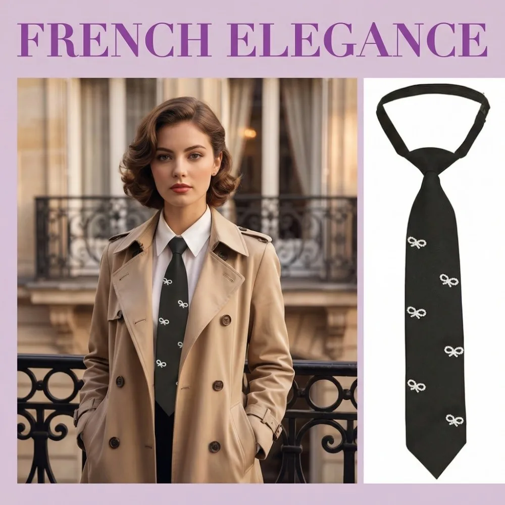 

Temperament Bow Pearls Tie Black Korean Style Hand-beaded Long Necktie Choker Geometric Shirt Tie Students