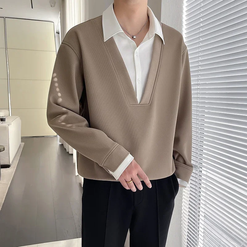 

2024 Spring New False Two-Piece Sweaters Men's Coat Shirt Collar Pullover T-shirt Long Sleeve Top Korean Style Lightly Mature