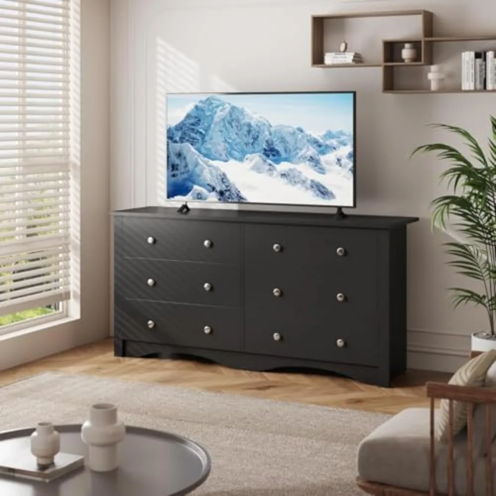 6 Wood Drawers Dresser for Bedroom, Storage Chest of Drawers, Black | 47.2