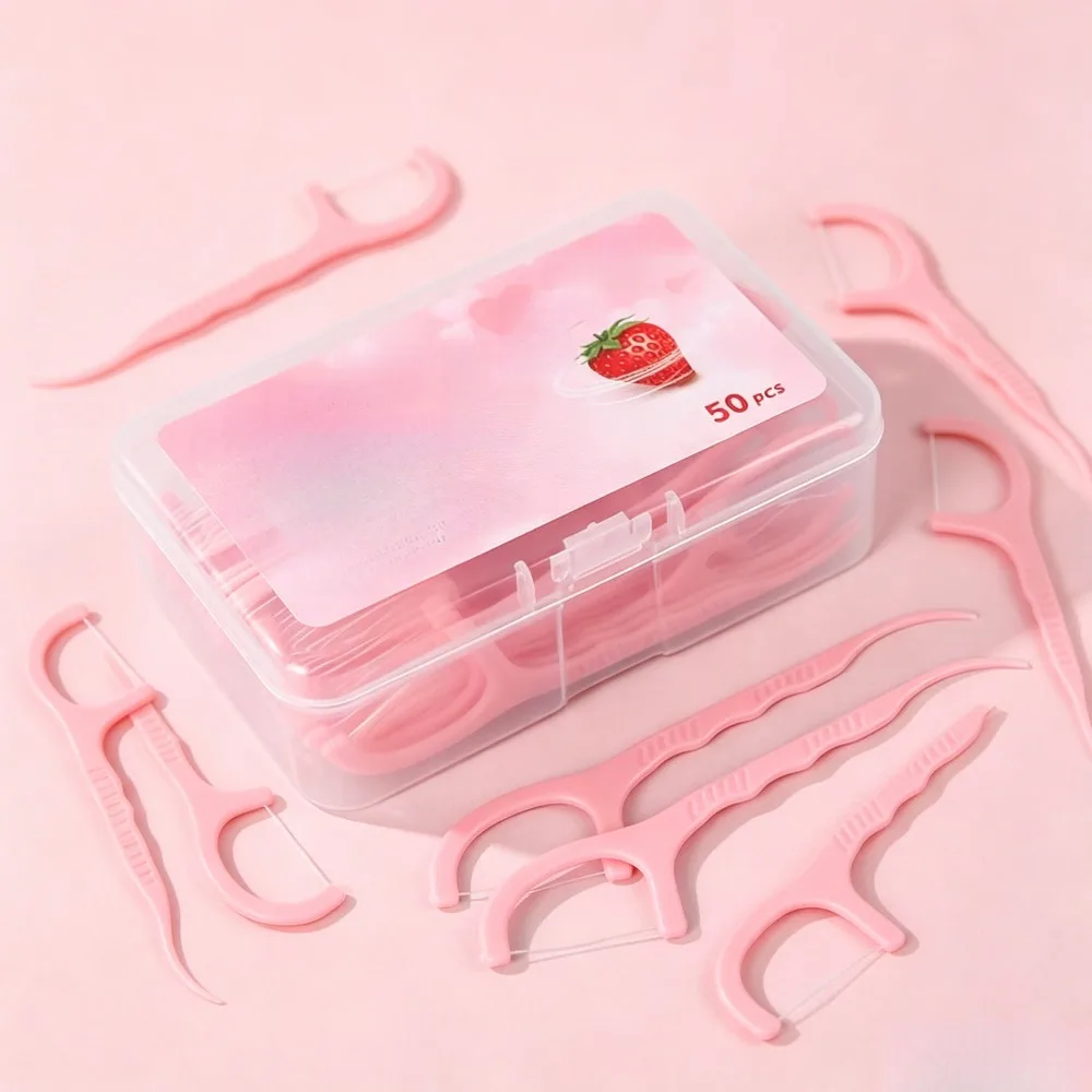 Strawberry Flavor Dental Floss Picks 50‑Count, Individually Wrapped Disposable Flossers, Deep‑Cleaning Portable Oral Care Tool for Home & Travel, 1 Box