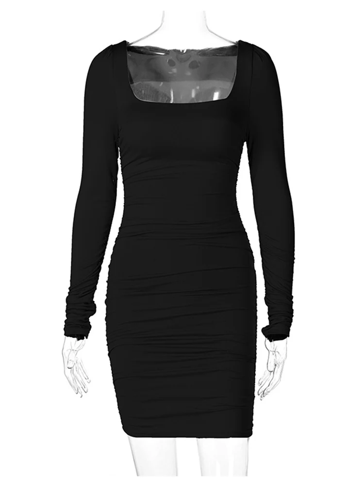 Ruched sólido feminino manga longa mini vestido bodycon sexy festa elegante streetwear 2024 outono inverno clube roupas brancas