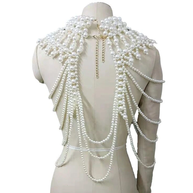 Women Vintage Multi Strands Faux Pearl Body Statement Necklace Adjustable High C