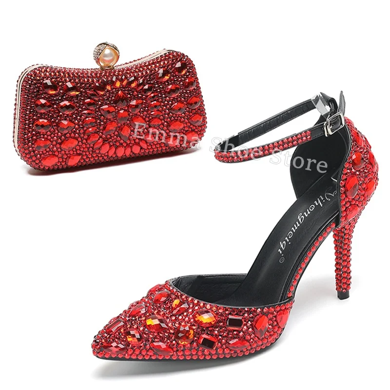 Summer Elegant Pointed Toe Ankle Buckle Sandals Rhinestone Stiletto Heel Party Dress Shoes Women Wedding Bag Set Large Size