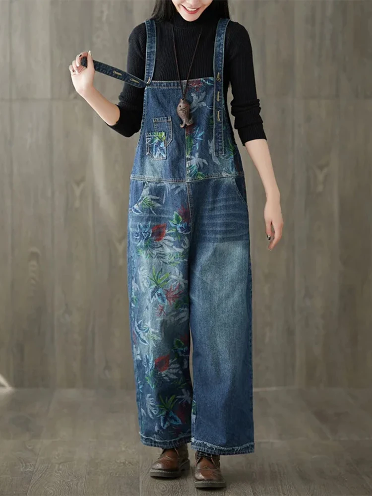 Amax luluE 2024 Fall Korean Fashion Jeans Women Vintage Loose Overalls Ladies Casual Printed Denim Trousers Classic Floral Pants