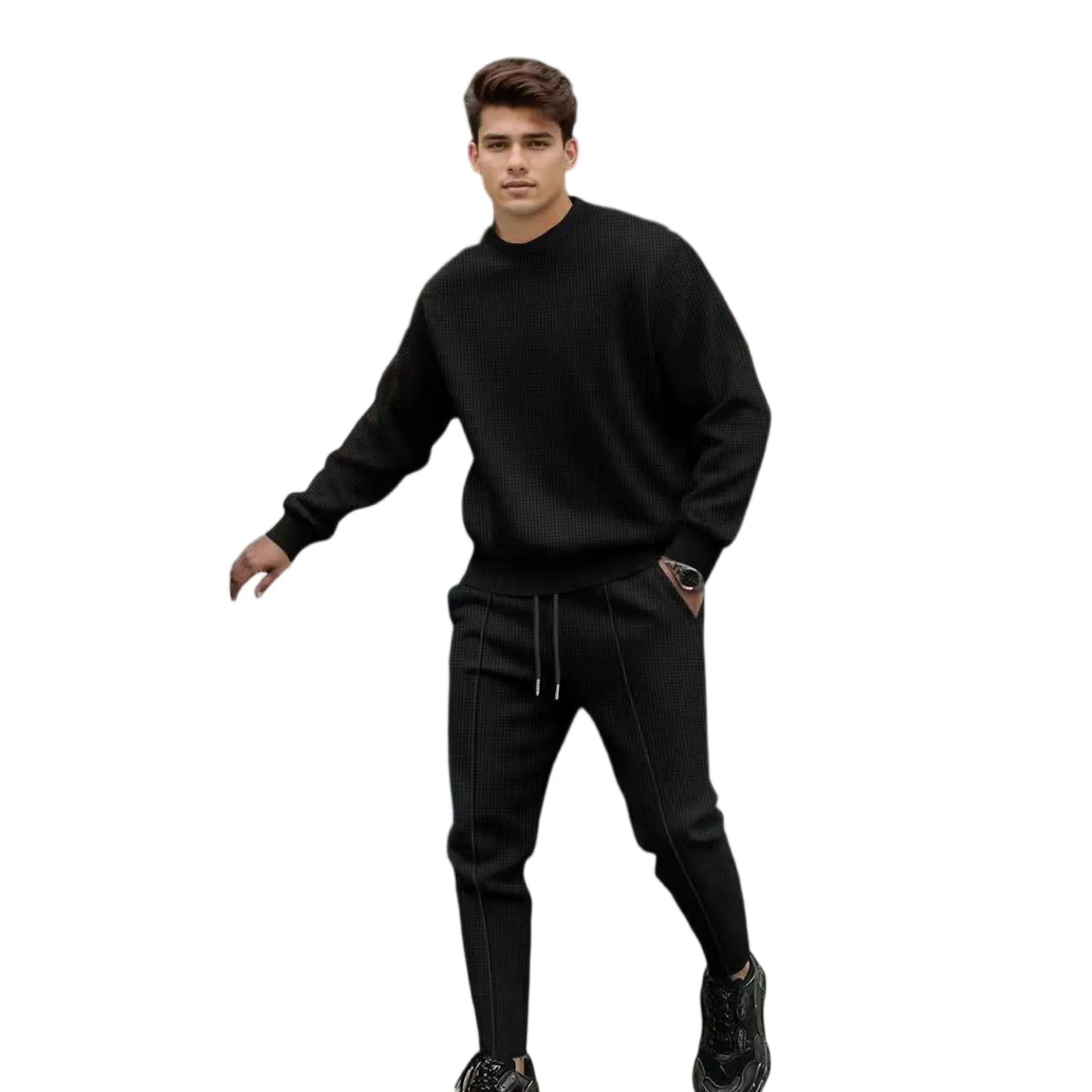 

Весенне-осенний мужской однотонный пуловер с длинными рукавами, повседневный спортивный топ с круглым вырезом, длинные брюки, комплект для повседневной носки на открытом воздухе