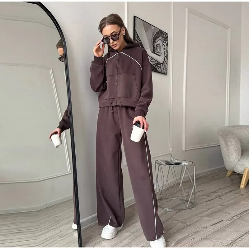 Damen-Hosen 2-teiliges Set: Kapuzenjacke mit langen Ärmeln und Reißverschluss, elastische Taille, weit geschnittene Hose, schicke Damen-Sportbekleidung, neues Herbst-Outfit. – Detail 6