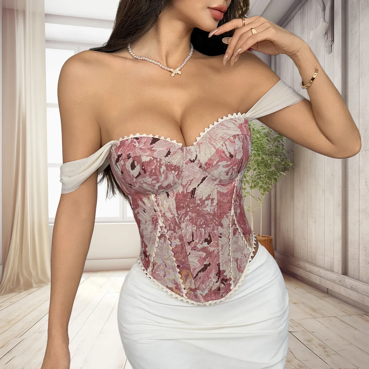 

2026 Spring/Summer New Retro Jacquard Corset Vest Women's Lace Bandage Slimming Short Strap Top