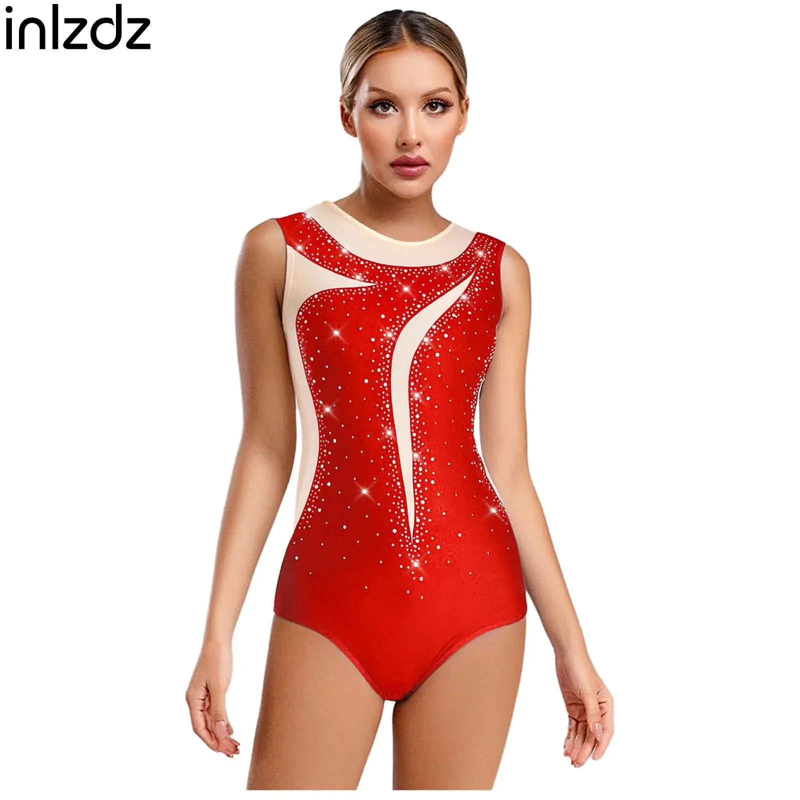 

Women Fashion Gymnastics Leotards Swimsuits Sleeveless Rhinestone Bodysuit One-piece Jumpsuit for Ballet Dance Figure Skating