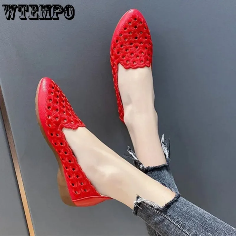 Hollow Red Leather Women\'s Soft Sole Pointed Toe Shallow Slip-on Simple Casual Commuting Korean Fashion Moccasin Drop Shipping