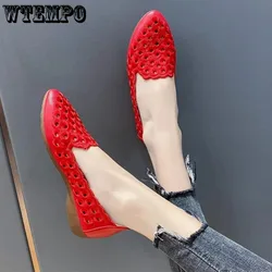 Hollow Red Leather Women's Soft Sole Pointed Toe Shallow Slip-on Simple Casual Commuting Korean Fashion Moccasin Drop Shipping