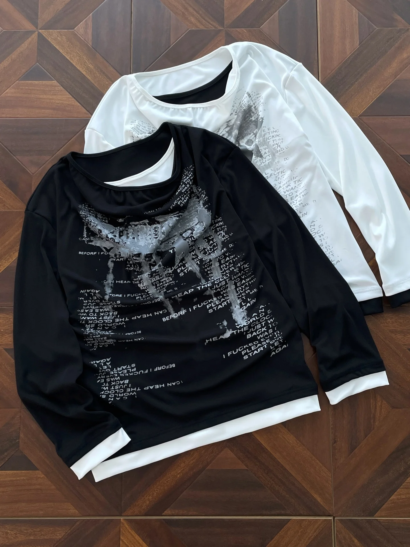 Slimming Effect Y2K Visual Style Long Sleeve T-Shirt Unisex Lightweight Faded Print Shoulder Tattoo Bottoming Shirt Top
