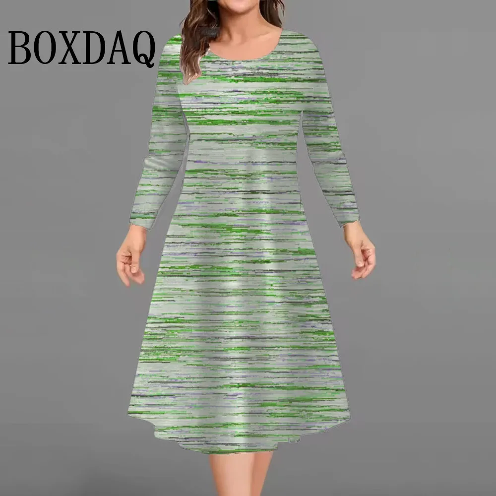 Jesienne Retro Sukienki z Długim Rękawem Damskie Sukienki Tie Dye w Paski z Nadrukiem Codzienna Sukienka z Okrągłym Dekoltem Luźna Mini Sukienka Plus Size 9XL