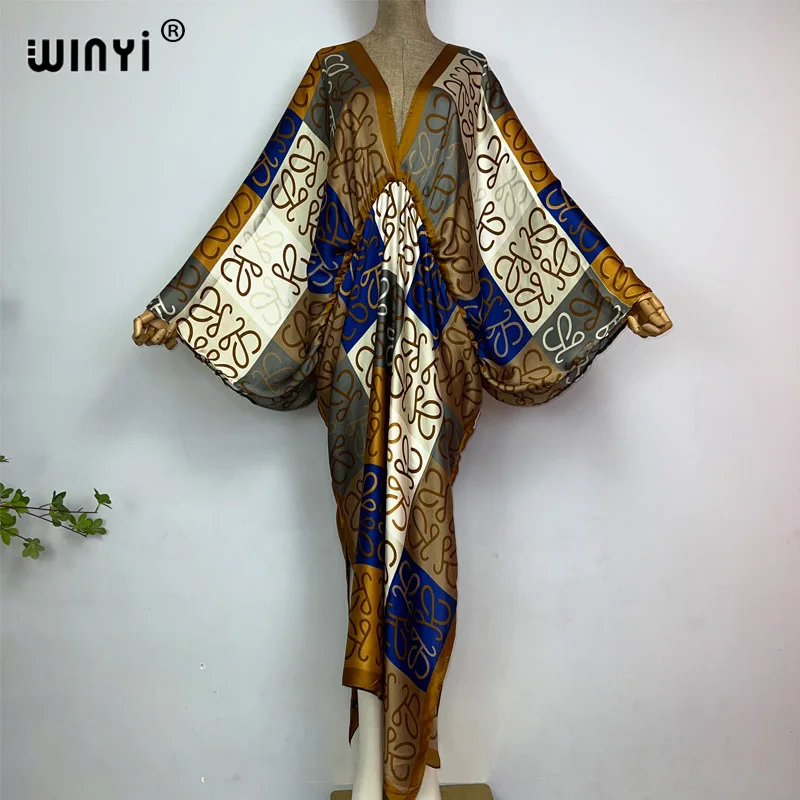 Sexy beach high-quality hand-rolled feel silk rayon fashion print 2023 WINYI Maxi women\'s robes long beach V-neck Bohemian dress