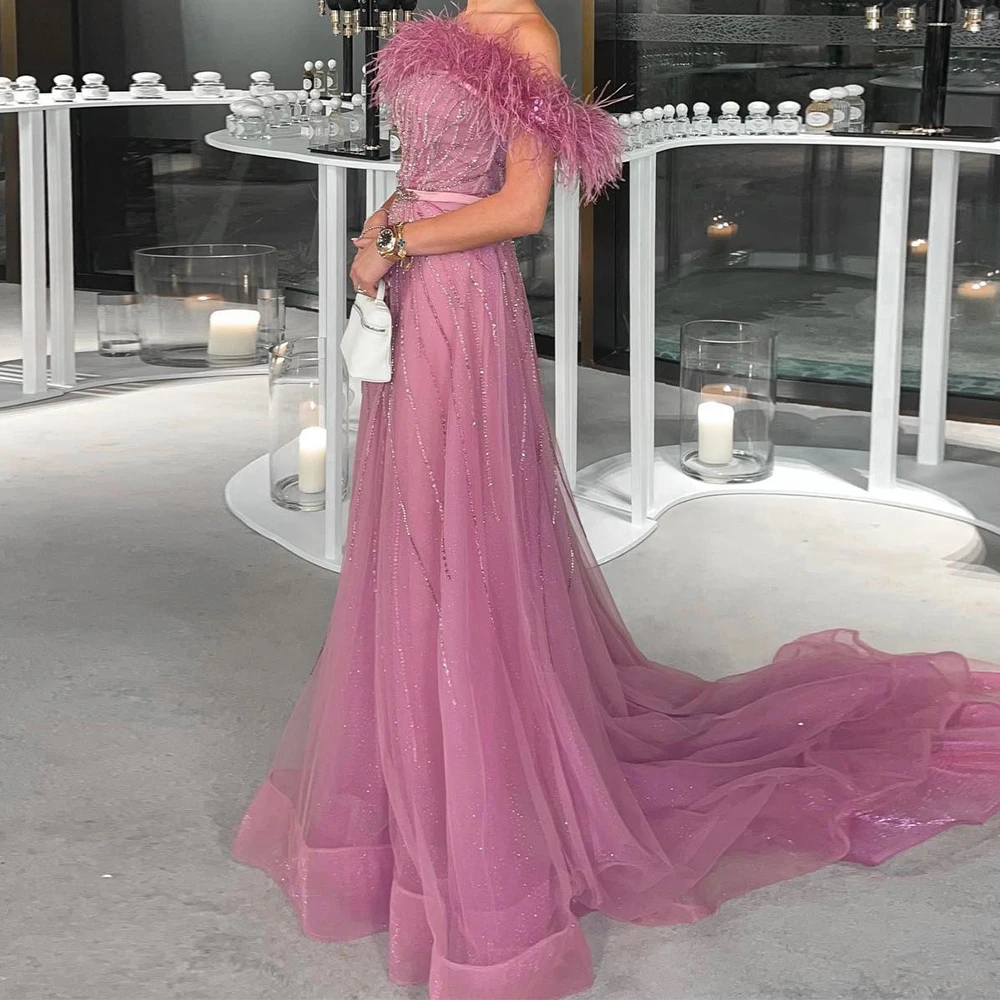 

Customized Modern A-Line Floor Length Strapless Off the Shoulder Organza Feathers Evening Dress Fashion vestidos para mujer