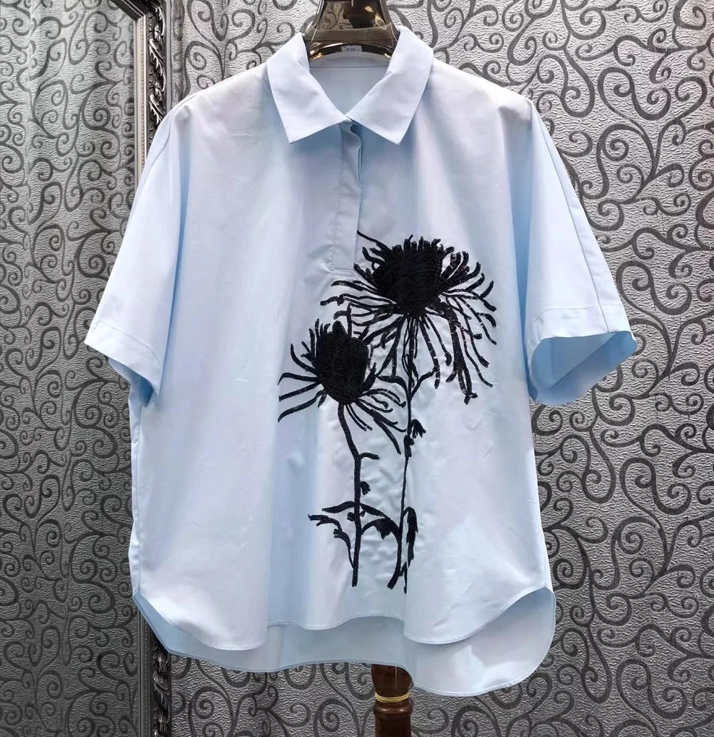 

Рубашки из 100% хлопка, летний стиль 2026, женские, с отложным воротником, с пайетками и вышивкой, с коротким рукавом, повседневные, свободные, синие, блузки