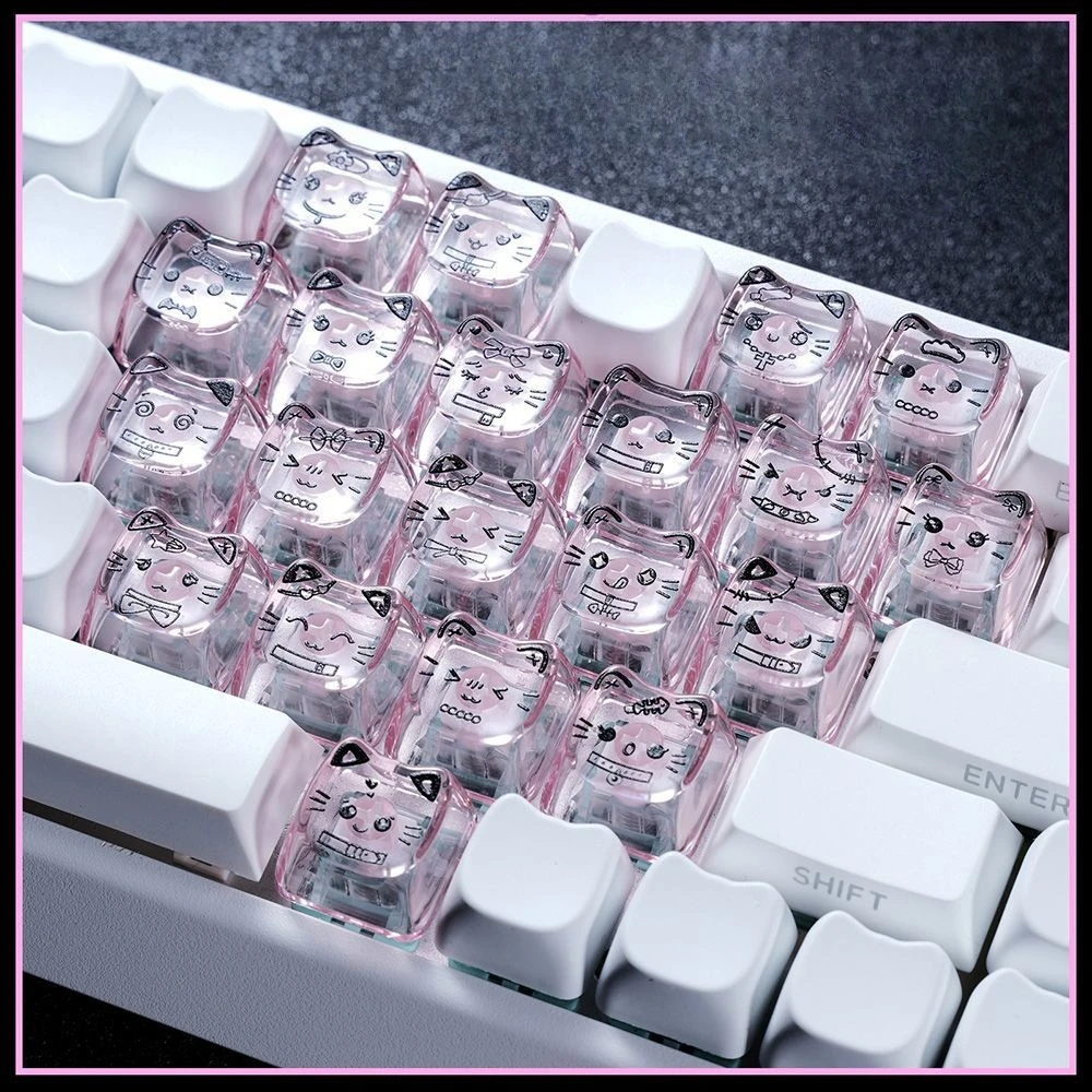 MAIMOOO Sweet Cool Cat Keycap 39 Keys MAO Cute Cat Head Key Caps PC Transparent Heart-shaped Keycaps for DIY Mechanical Keyboard