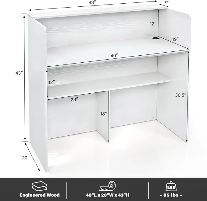 TC-HOMENY Reception Desk Counter Table, White Reception Desk Retail Counter Modern with Cable Grommet，Beauty Salon,