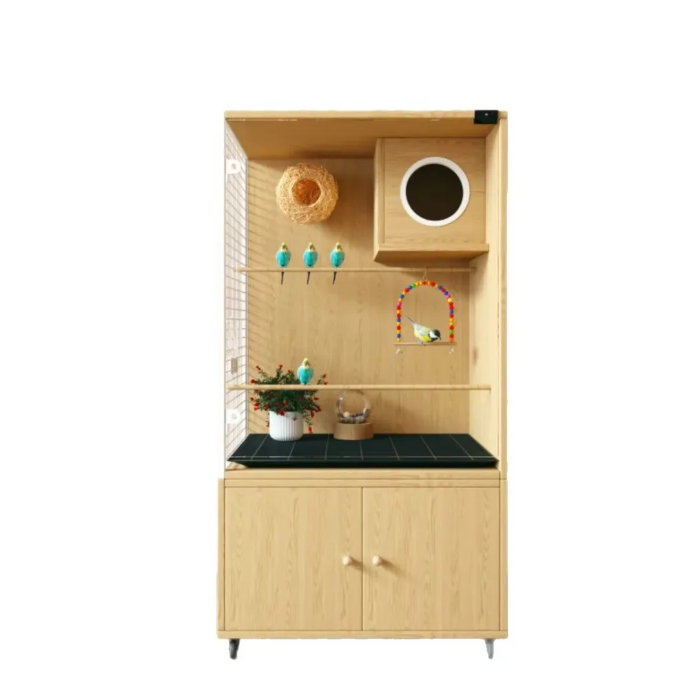 Furniture Style Transparent Glass Birdcage Villa Modern Vertical Wooden Parrot Feeding Cage Mobile Cabinet Indoor Box
