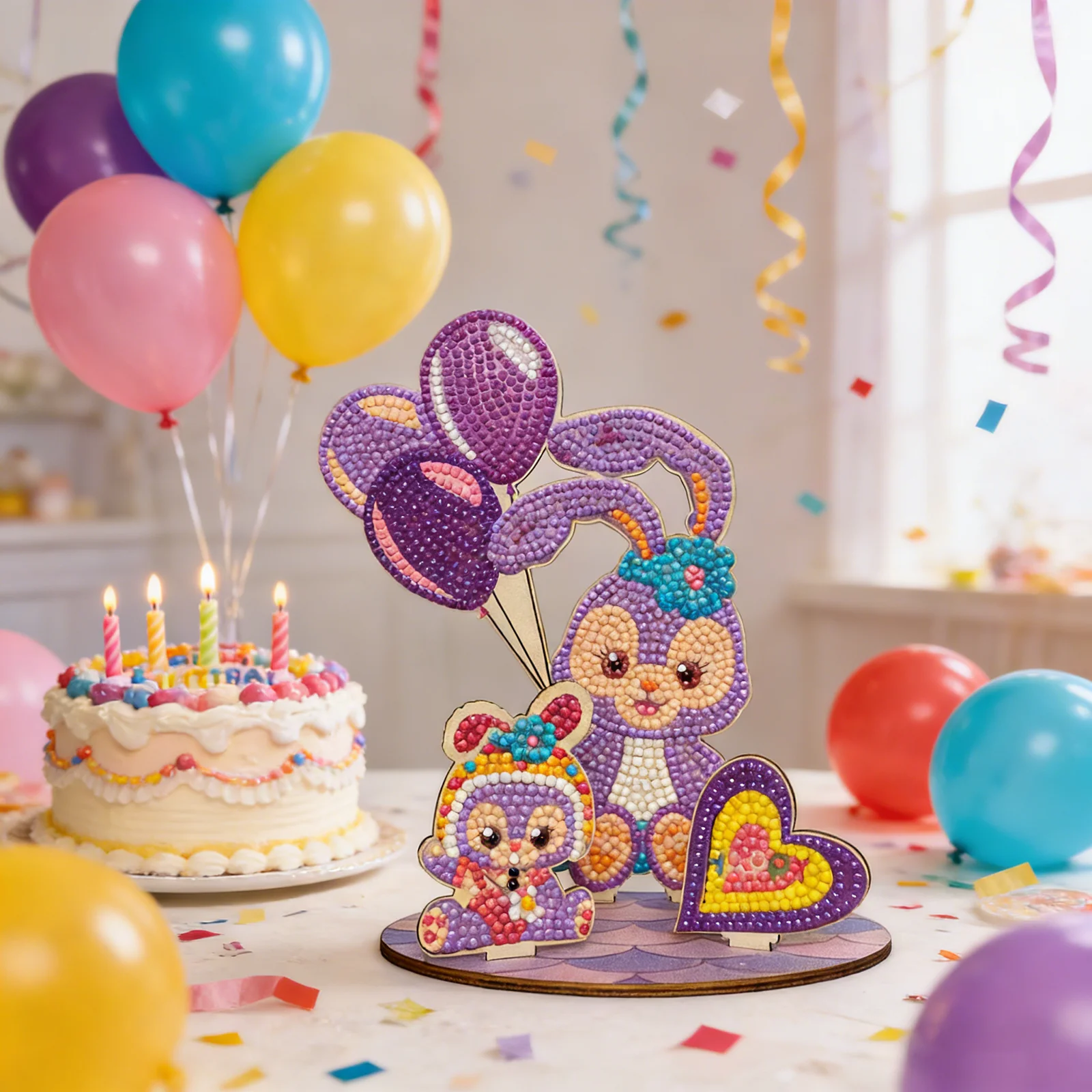 

Hot Selling 3D Cute Bunny Cartoon Diamond Painting Kit Wooden DIY Birthday Ornament with Heart Shaped Sign Kids Gift Home Decor