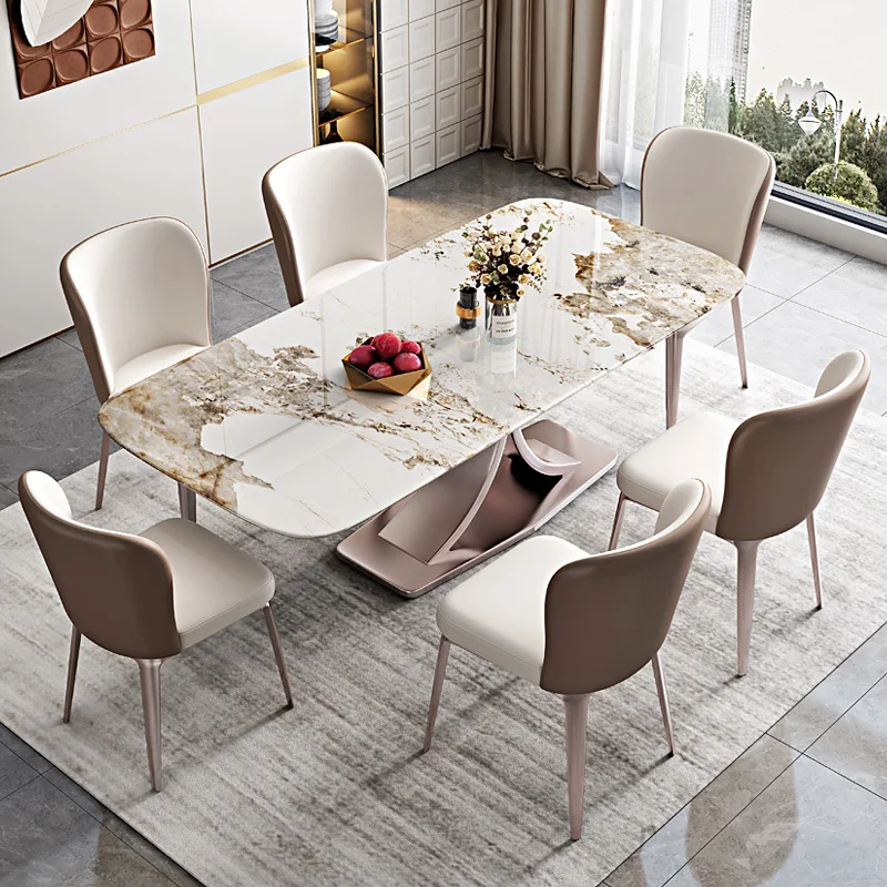 Italian Light Luxury Bright Rock Plate Dining Table and Chair, Simple Rose Gold Rectangle for Household Use